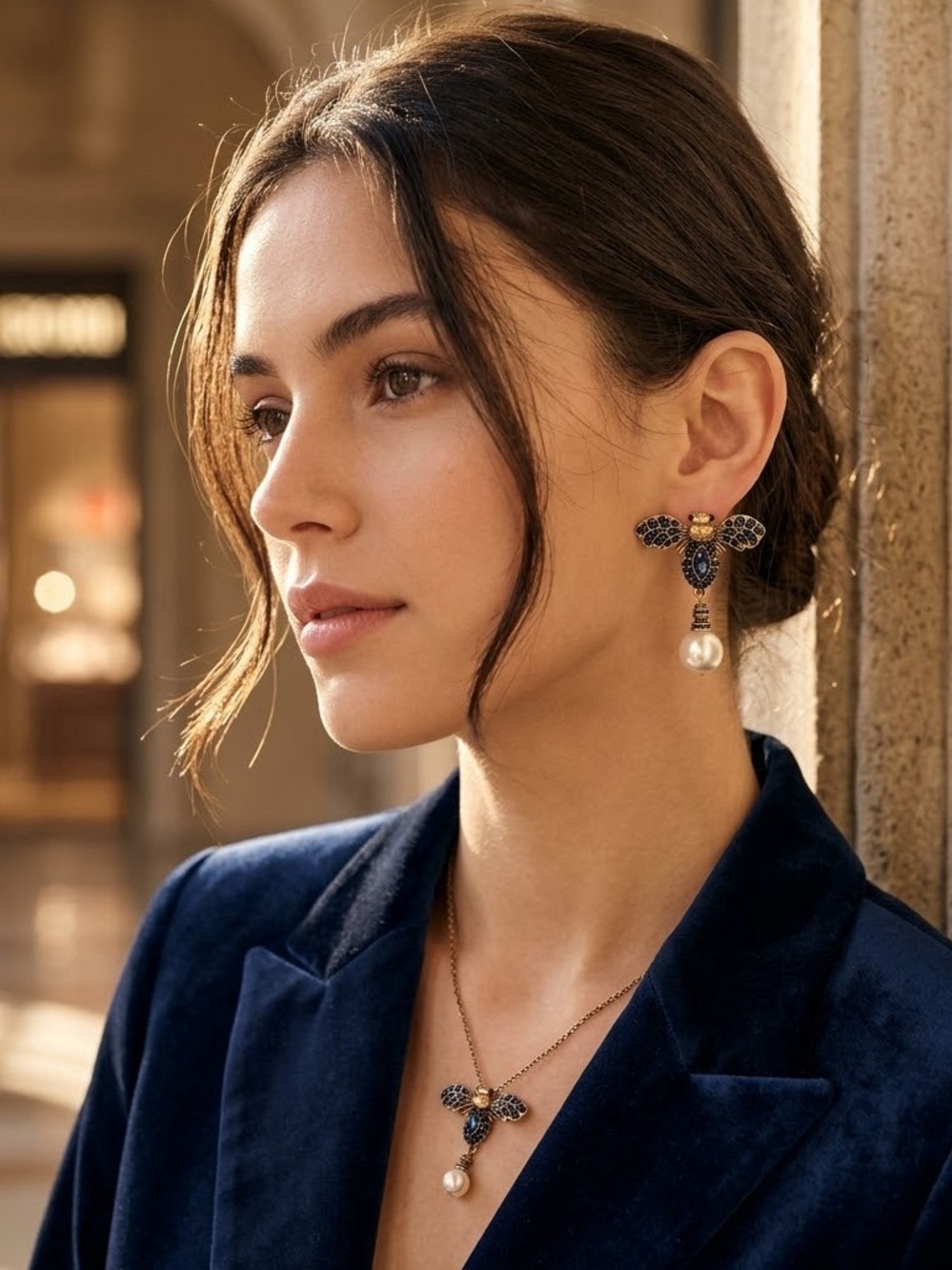 Designer-Inspired Navy Blue Crystal & Pearl Pendant Necklace and Earrings Set